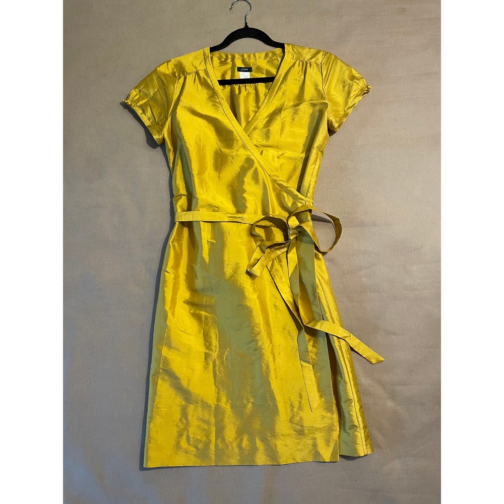 Vintage J Crew Silk Taffeta Wrap Dress Size 4 Yellow Puff Sleeve Formal Wedding